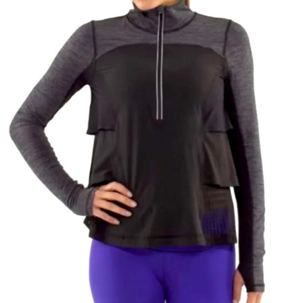 Lululemon Sun Runner Hybird Pullover Gray/Black with Side Ruffles